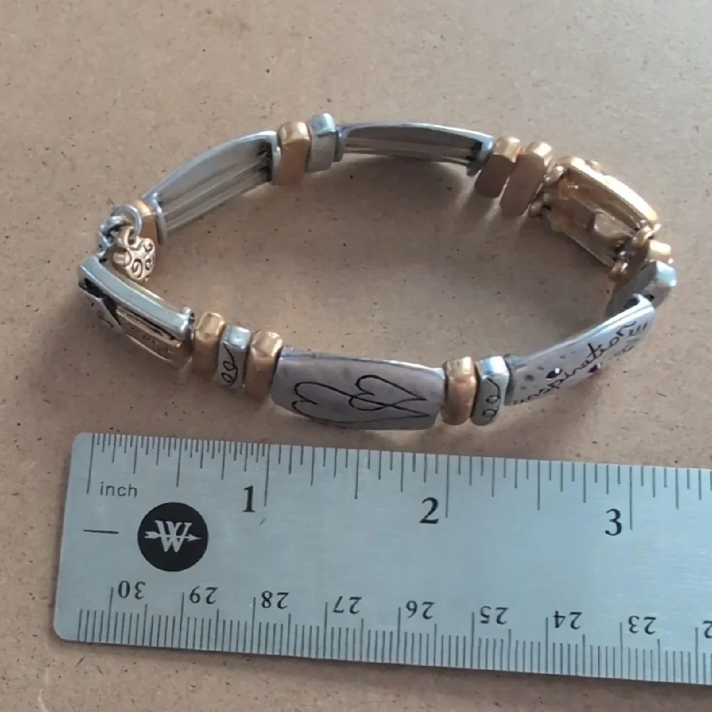 Silver and Gold Tone Heart with Red Crystals Stretch Bracelet